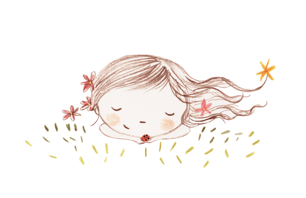 Ilustración de una niña entre pequeñas flores
